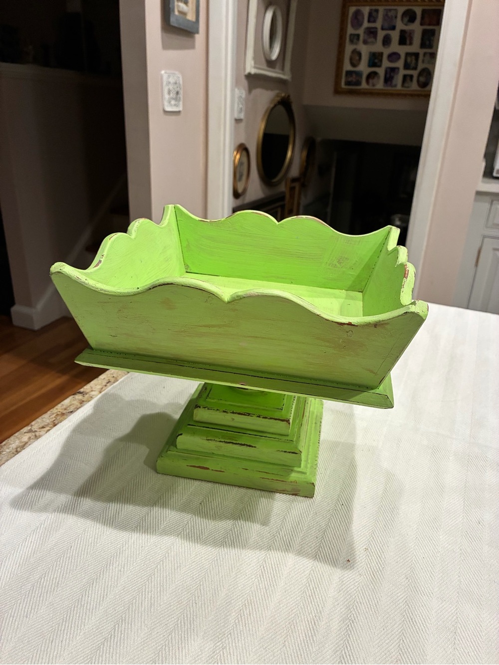 Vintage Distressed Lime Green Wood Pedestal Bowl - Picture 3 of 5